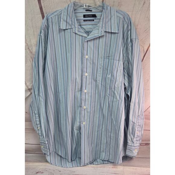 Nautica 80's Two-Ply Cotton XXL Blue/White Striped Long Sleeve Button Up Shirt - Picture 1 of 5